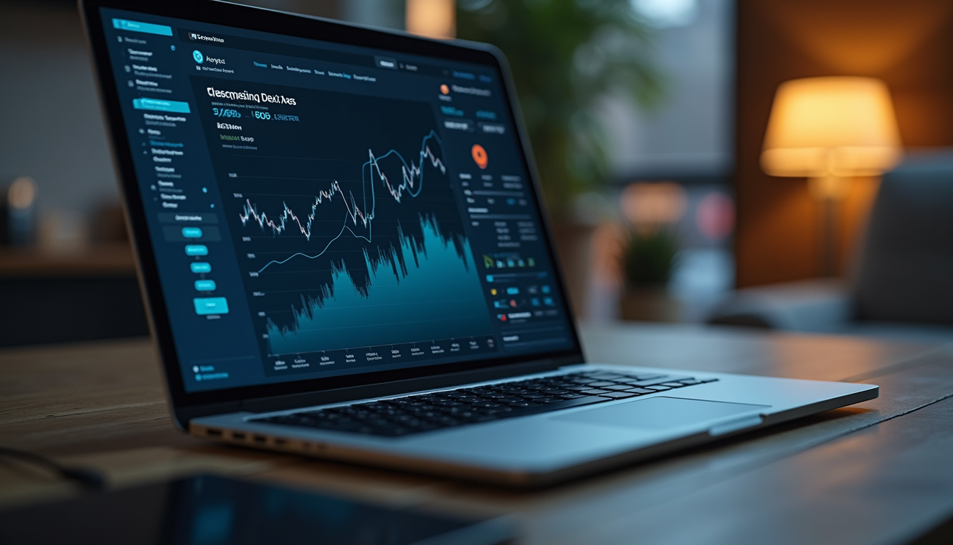 High angle view of a laptop screen showing Dex Screener token analytics