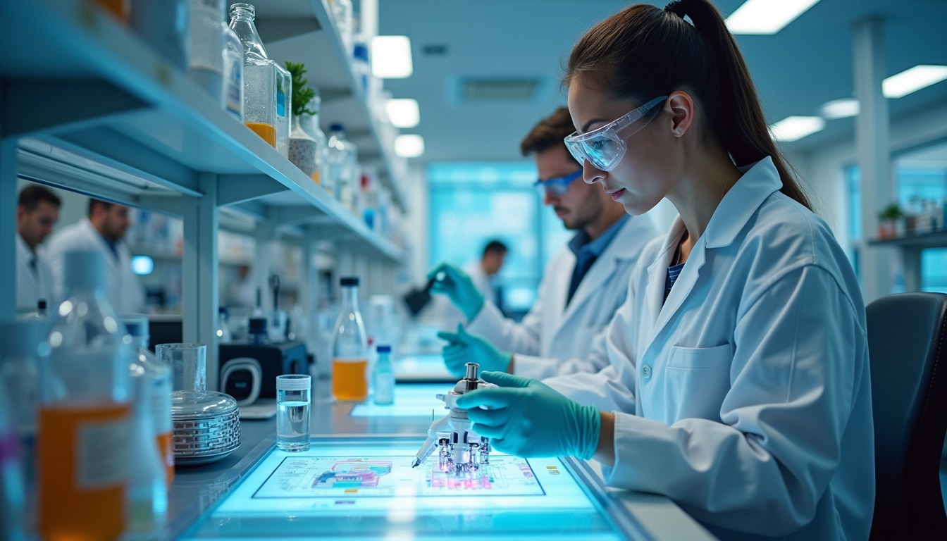 Wide angle view of a vibrant research lab with innovative technology