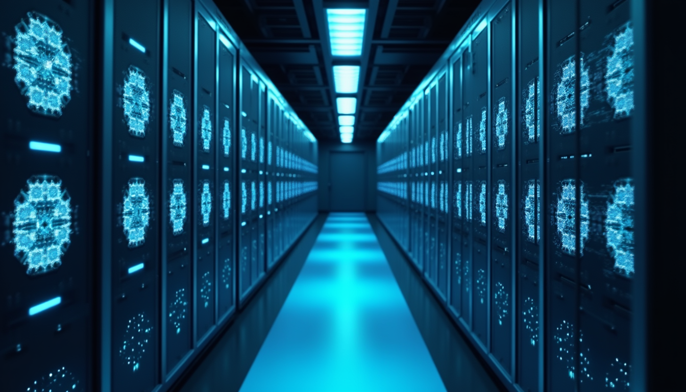 Eye-level view of a futuristic server room with glowing blue lights