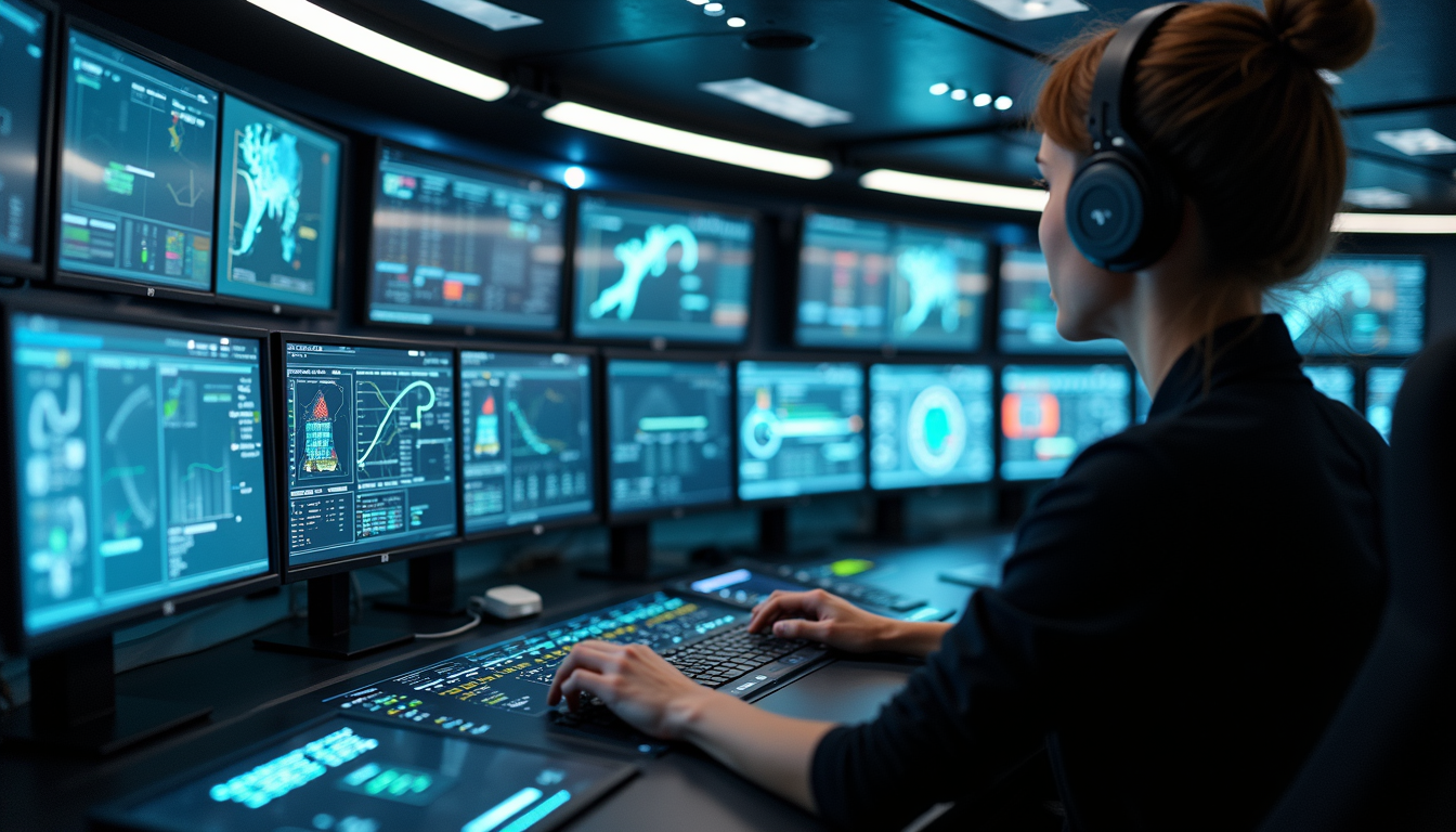 Eye-level view of a futuristic control center with digital dashboards