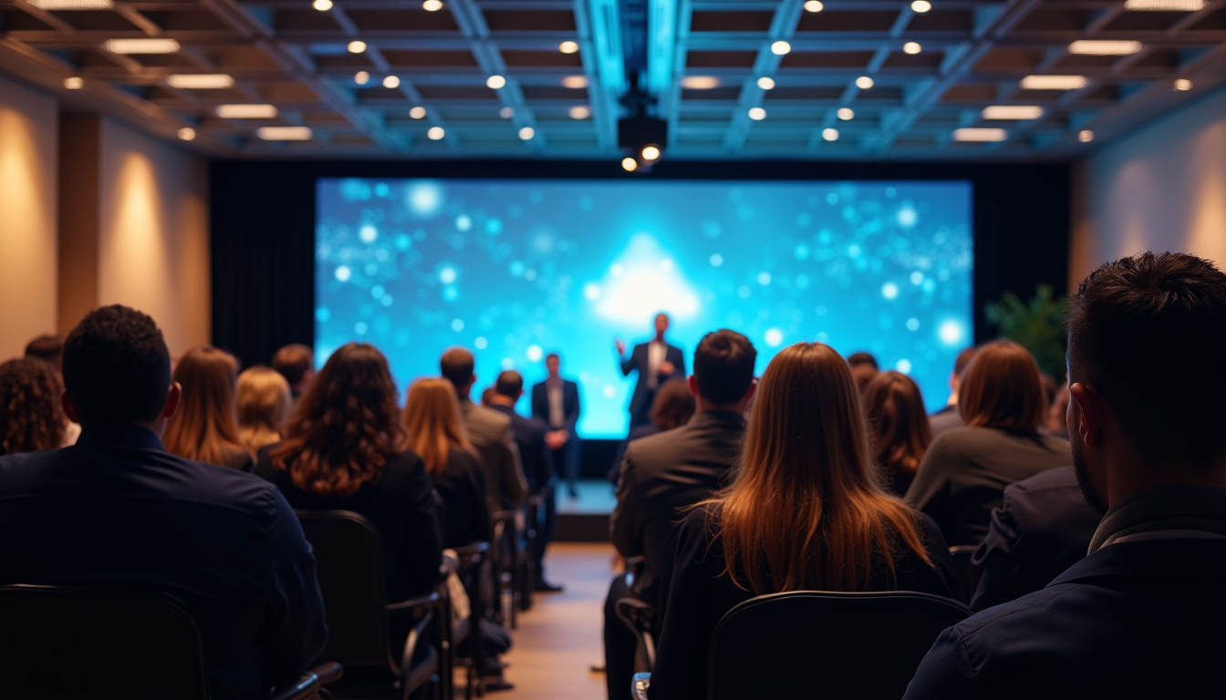 Wide angle view of a blockchain conference with engaged participants