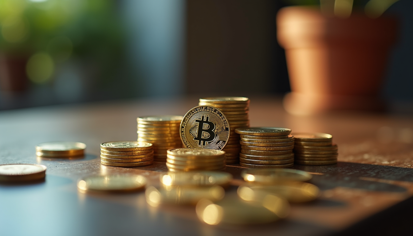 Eye-level view of modern cryptocurrency coins on a table