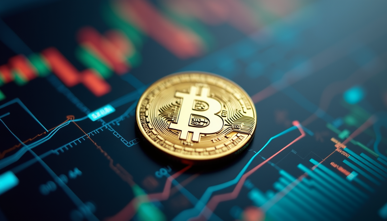 High angle view of a token with digital graphics representing blockchain technology