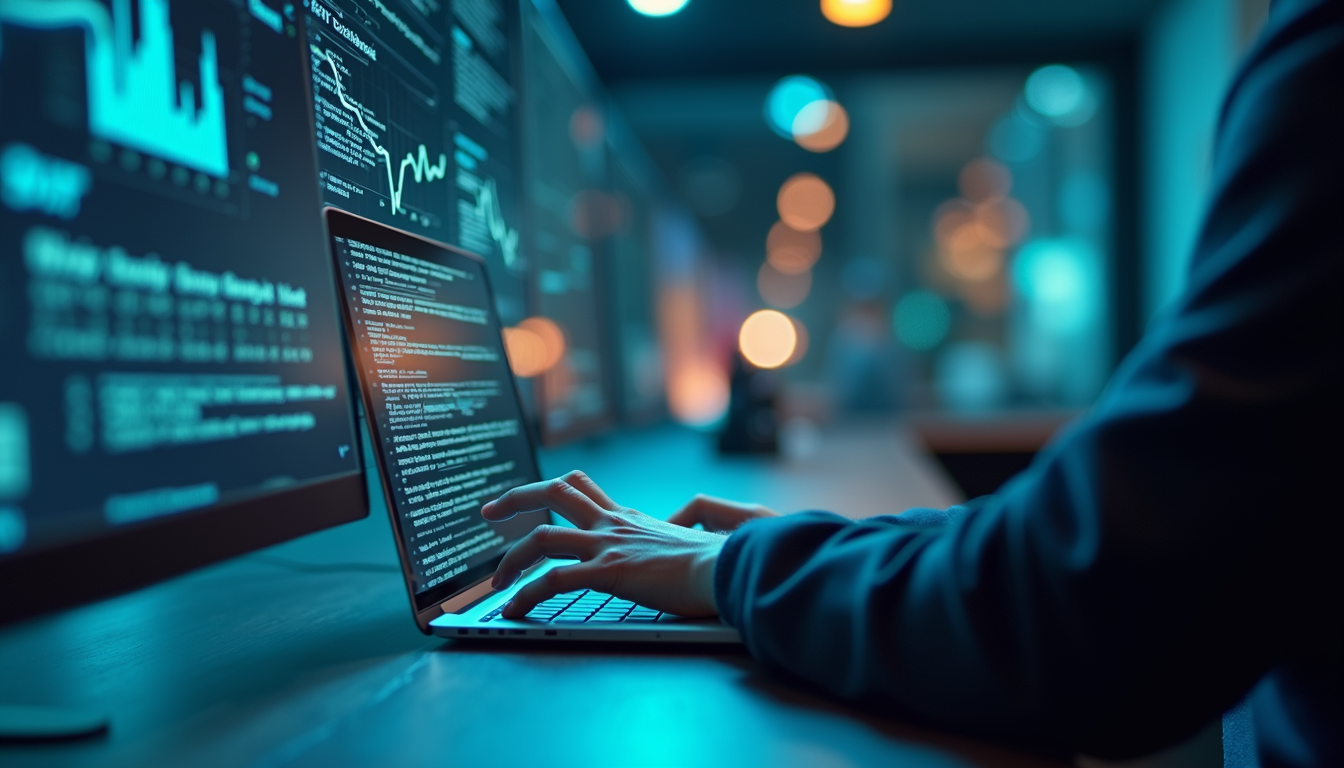 Eye-level view of a futuristic digital interface showing AI and blockchain metrics