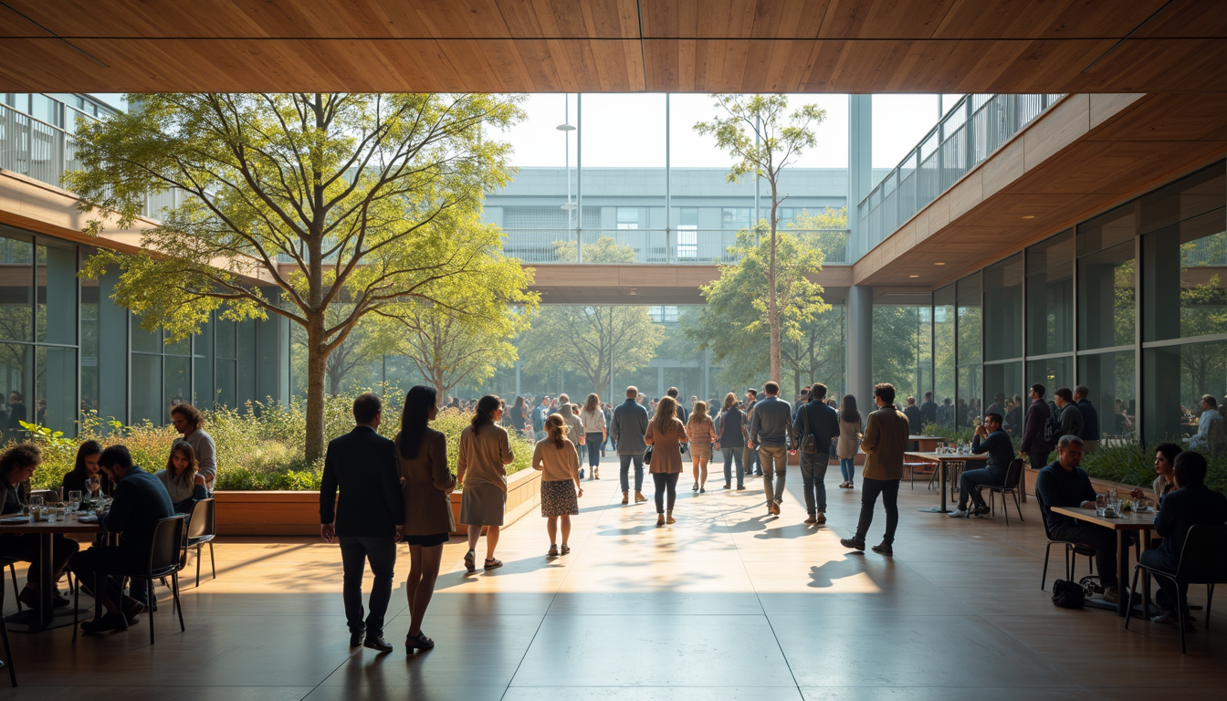 Wide angle view of a modern urban community space fostering social interaction