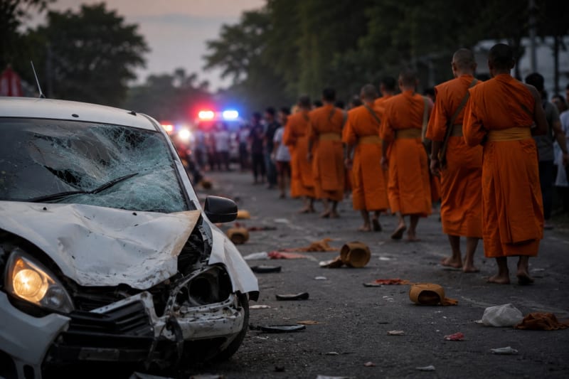 Nine Thai monks killed after 11-year-old driver collides with procession