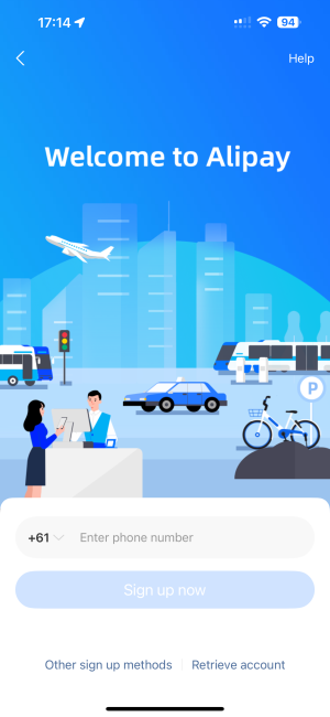 Alipay Sign Up screen