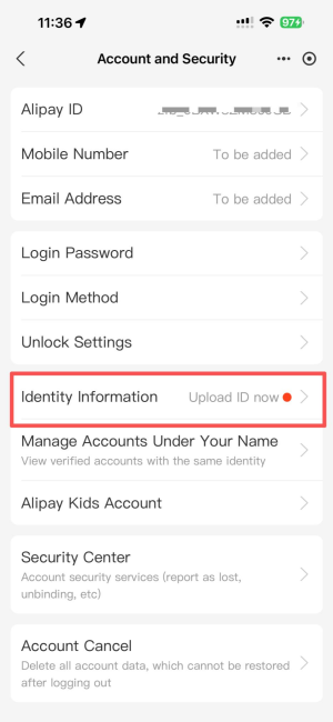 Alipay Account screen