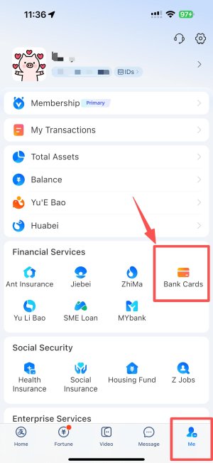 Alipay Bank Cards screen