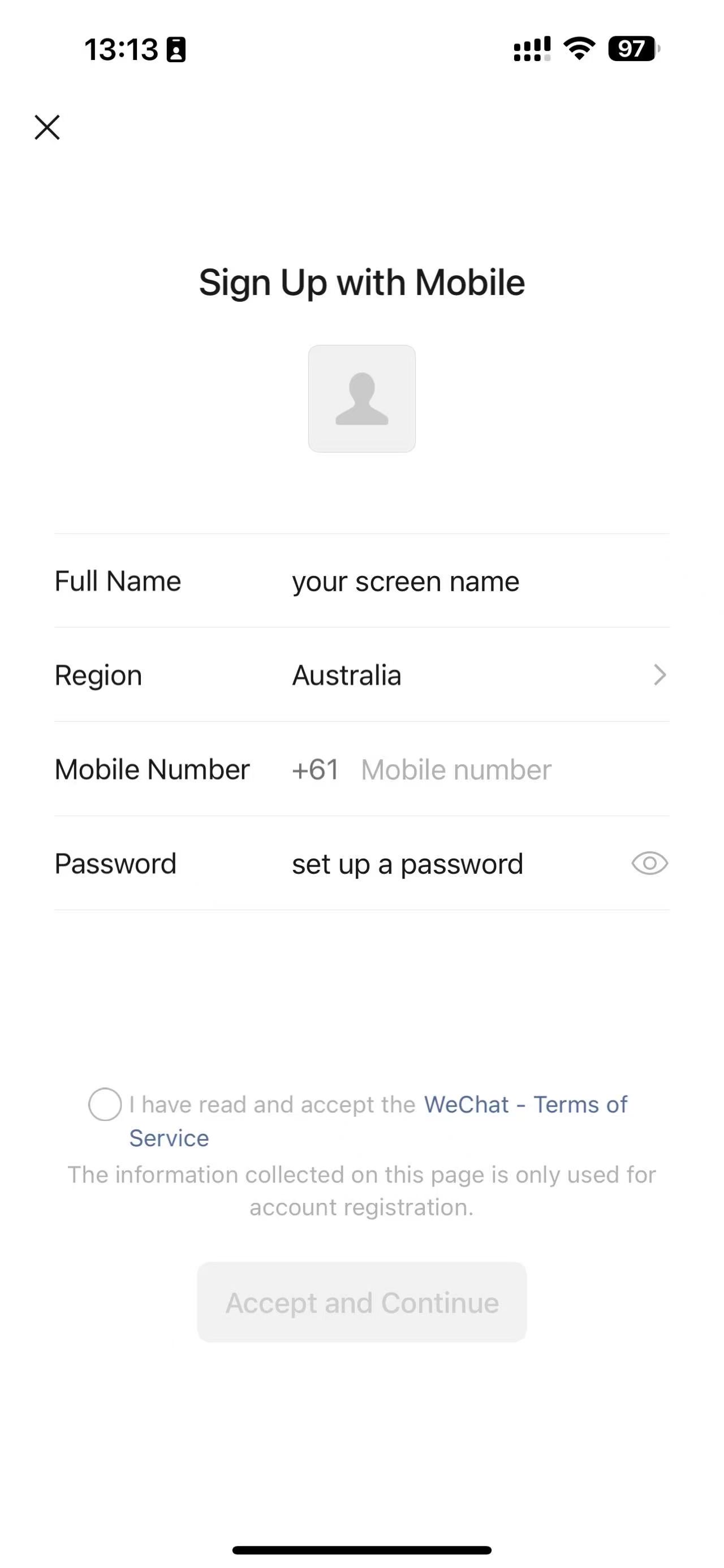 WeChat Sign Up screen
