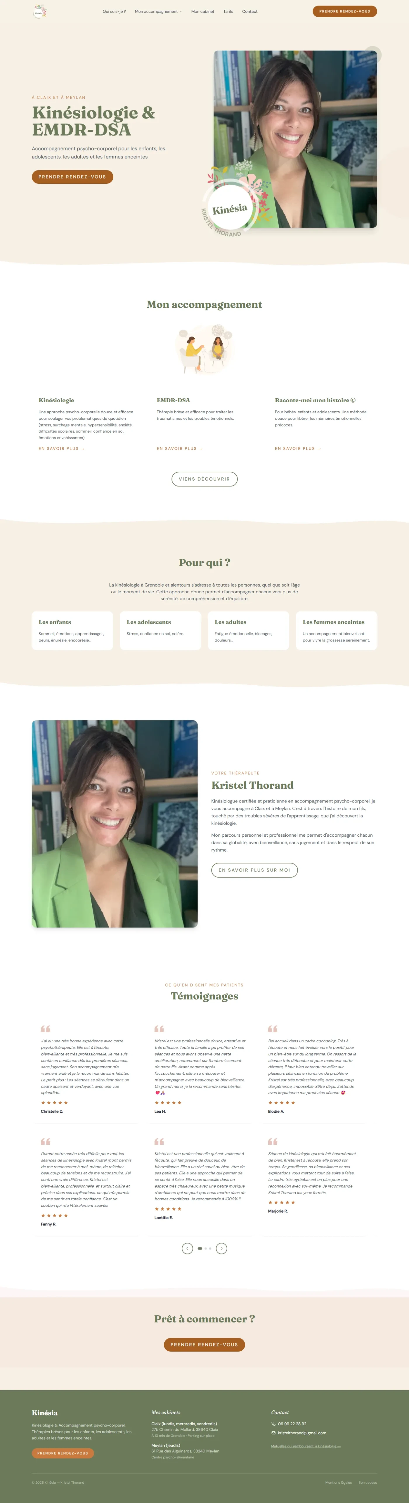 La nouvelle page d'accueil du site Kinésia, du haut en bas