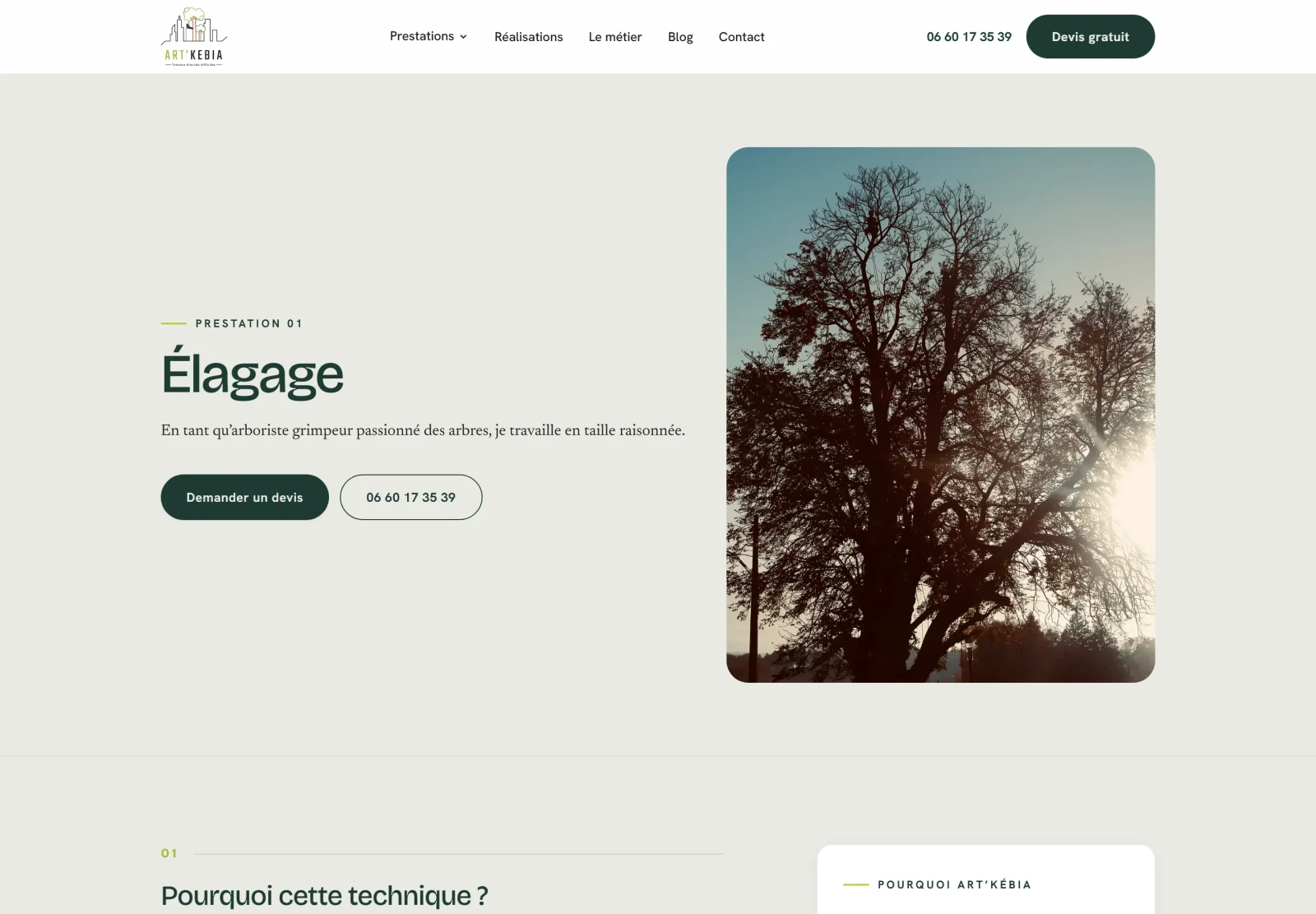 Nouvelle page Élagage : héro éditorial, photo, et bouton de demande de devis