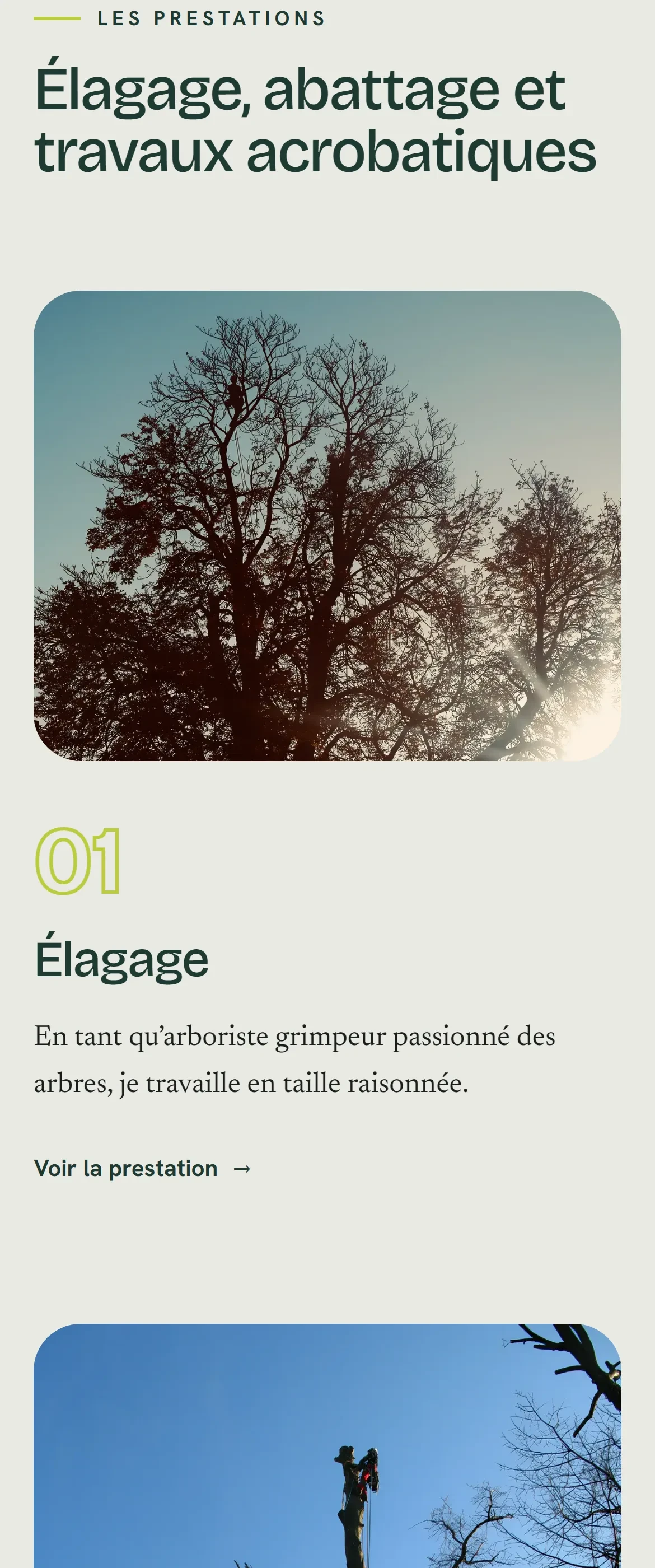 Nouveau site sur mobile : prestations numérotées, décrites et reliées à un devis