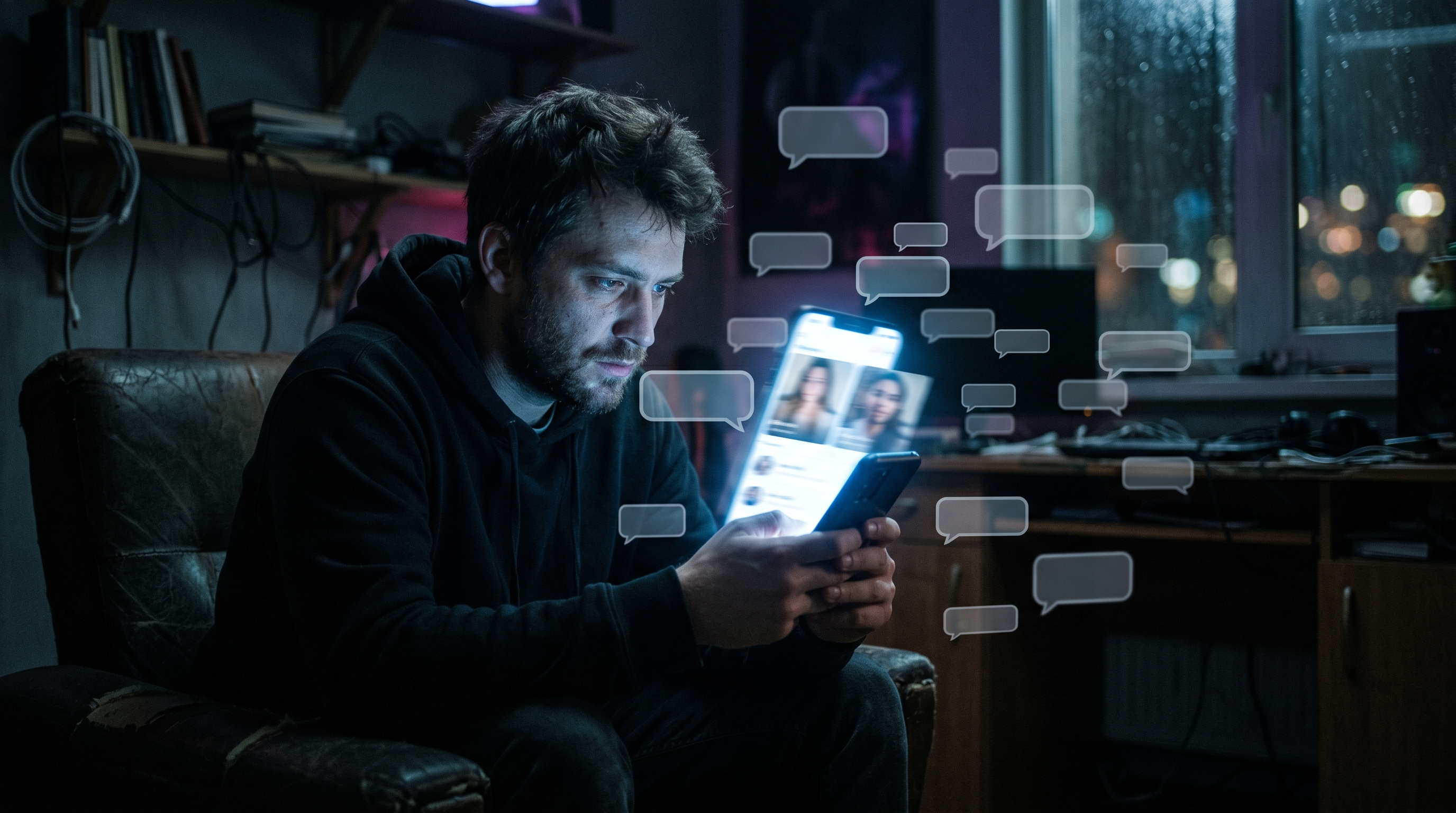 Man surrounded by floating chat messages