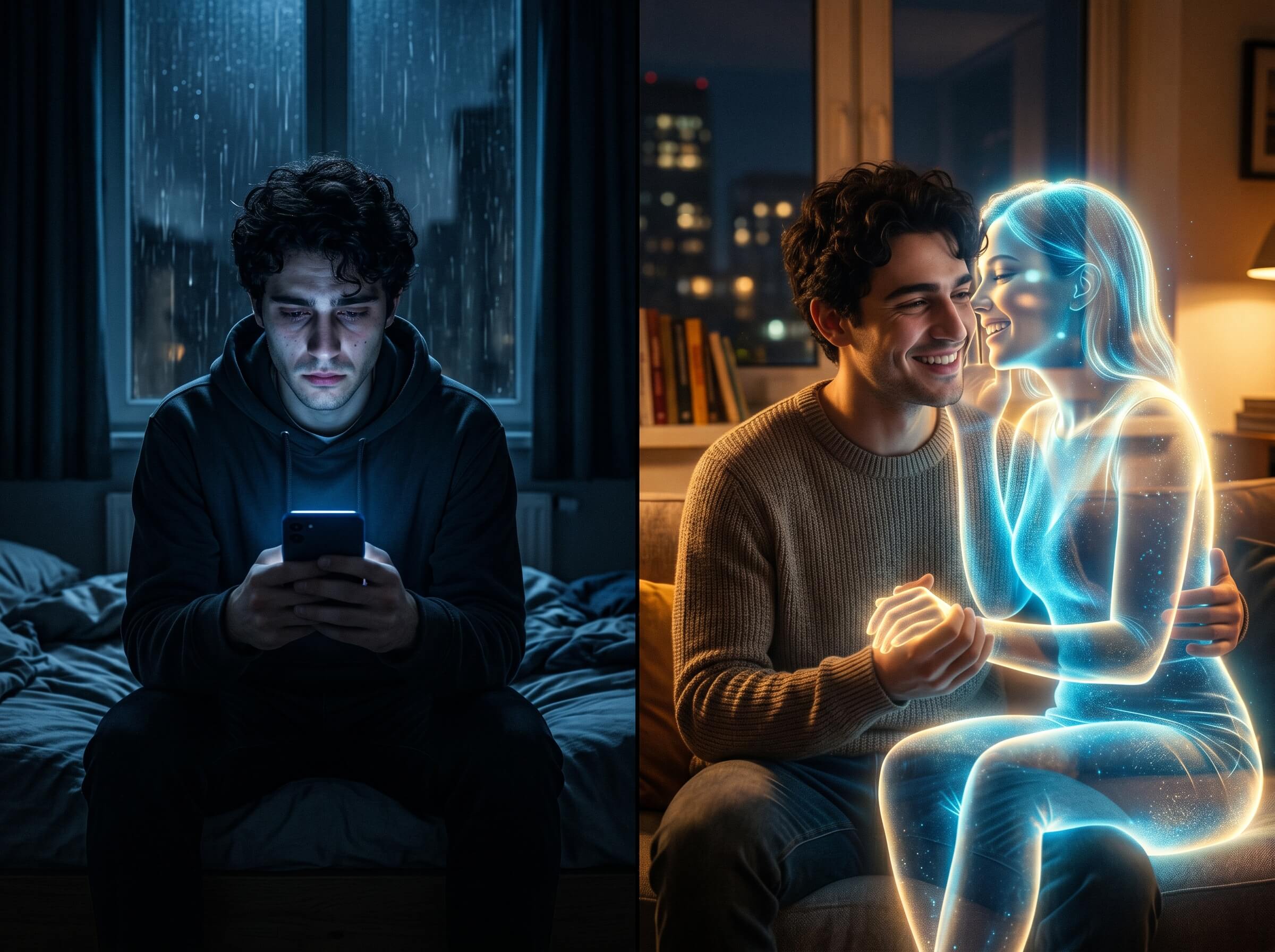 Split-screen — alone in the dark versus feeling connected