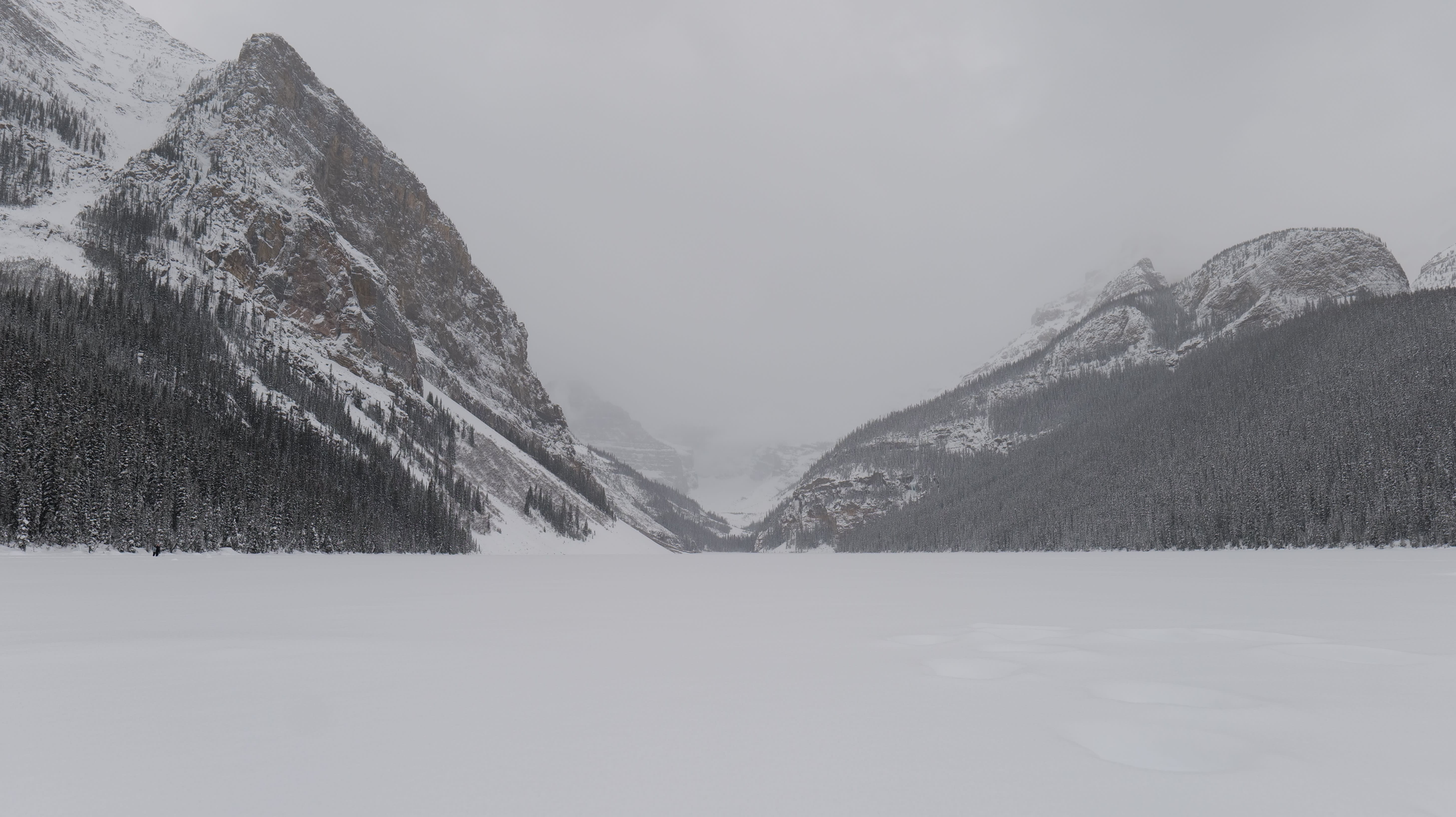 Frozen Lake Louise, snow up to the knees. This photo is not in black and white, I promise.