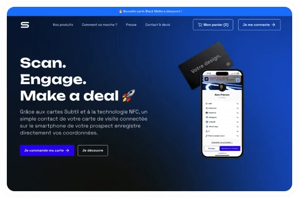 Site e-commerce Subtil présentant ses cartes de visite NFC, avec une carte et un smartphone affichant un profil
