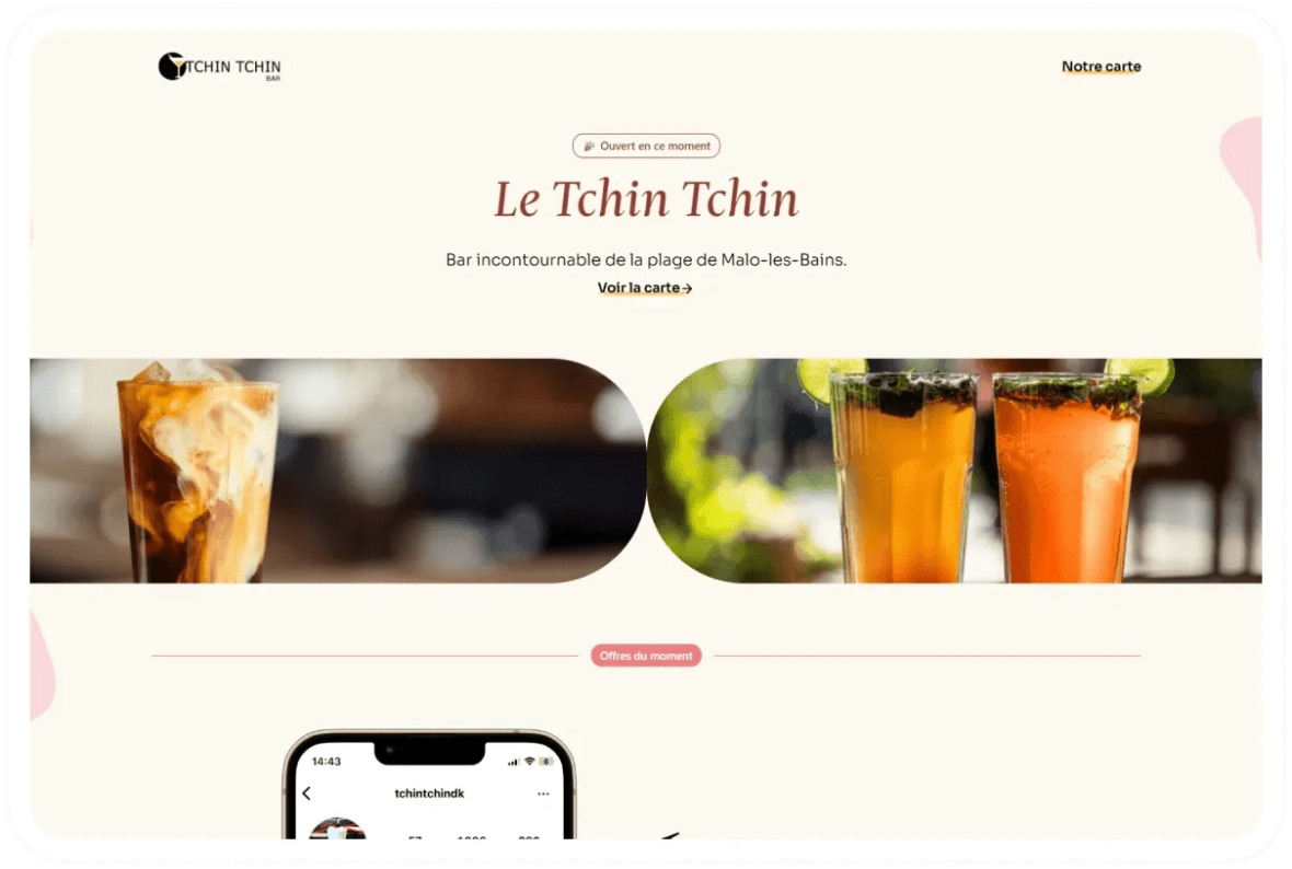 Page d'accueil du site du bar Le Tchin Tchin à Malo-les-Bains avec photos de boissons