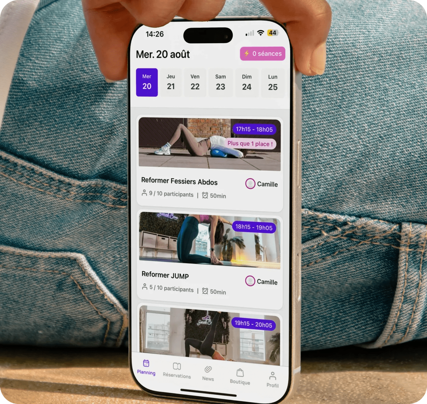 Planning de cours dans l'application Studio Pilates by Sarah Caux