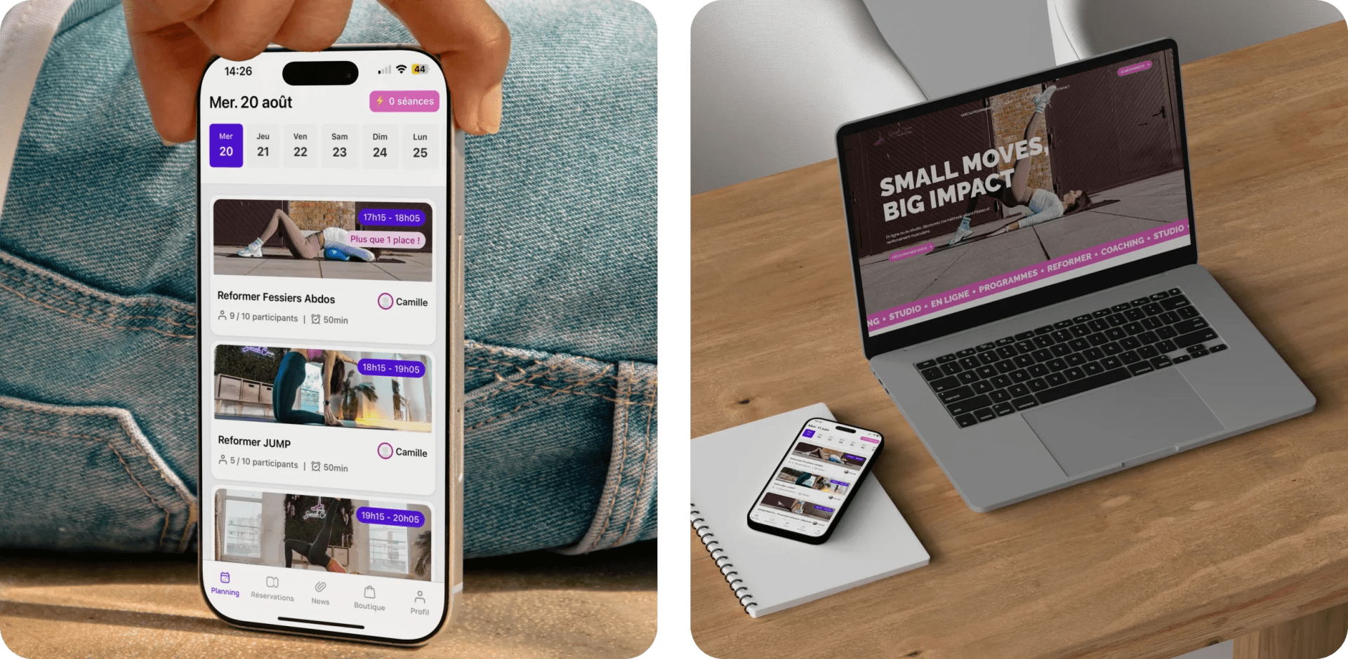 Application de planning de cours sur smartphone et site de studio de Pilates sur ordinateur portable