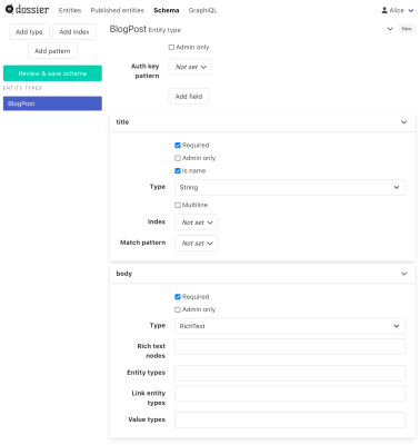 Schema editor with the title and body fields