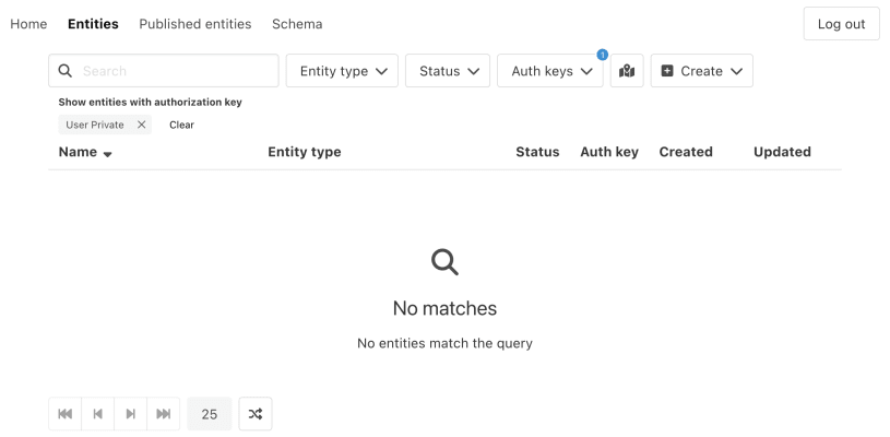 Screenshot of empty entities list when logged in filtering on User private auth key