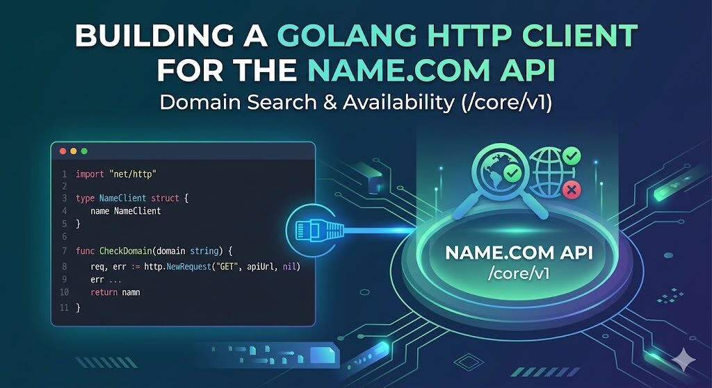 name.com API integration in Go for domain registration, shown in a developer workflow.