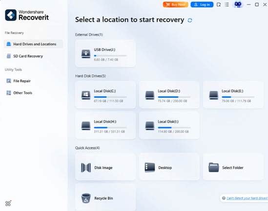 Select the external hard drive in a Windows recovery tool
