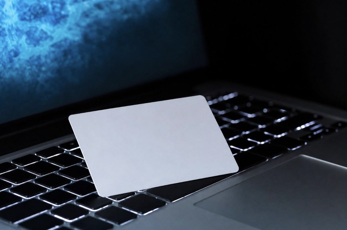A plain prepaid card resting on a laptop keyboard lit by the screen's glow in a dark room.