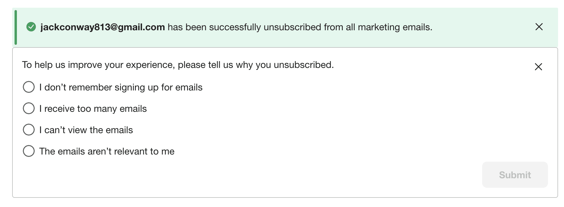 Unsubscribe reasons