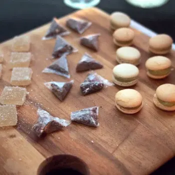 Petite Fours – Lychee Rose Pate De Fruit, Edible Paper Packet, Chocolate Caramel Glass, Kaya baby Macaron with Tea or Coffee