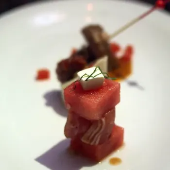 Master Kobe Oyster Blade Roll, Pico De Gallo; Grilled Chicken St. Antonia, Tomato Relish; Basil Marinated Tuna, Melon and Goat Cheese, paired with the Codorniu Clasico Brut NV