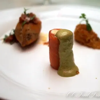 Smoked Salmon Parcel, Habenero Chive Aioli; Cuban Beef Empanada, Chilean Pebre, Brie Croqueta paired with the Torres Gran Vina Sol 2010