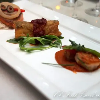 Ocean Trout Veracruz Style, Capers, Bell Pepper and Onion; Crispy Cod Finger, Roasted Tomato, Rocket Lettuce; Cajun Marinated Tiger Prawn and Seared Scallop, Romesco Sauce. These were paired with Jean Leon Chardonnay, Vinya Gigi 2008,