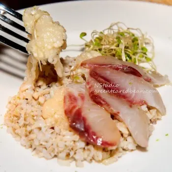 Carpaccio of Hirame with Wild Rice and Soft Aubergine
