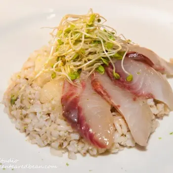 Carpaccio of Hirame with Wild Rice and Soft Aubergine