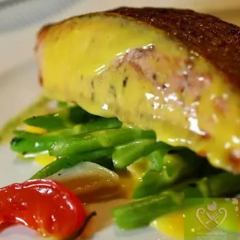 Pan Seared Salmon with Green Beans and Orange & Saffron Sauce and Homemade Tagliolini Siciliana