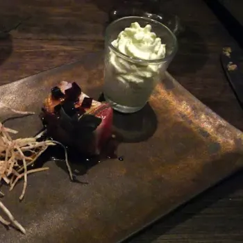 Samadhi Rainbow Gnocchi, Zucchini Ribbon, Truffle Oil and Fine Herb, and Balsamic Reduction