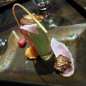 Blowtorched Foie Gras, Smoked Duck Ribbon, Red Watermelon Cube Melon-Mint Shooter, Sweet Potato Mash and Orange Salt