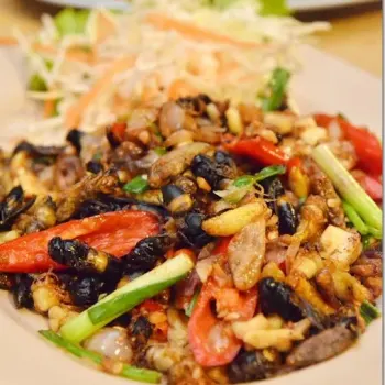 Fried Hornets (Tebuan In Malay) And Larvae With Red Chillies, Garlic And Spring Onion