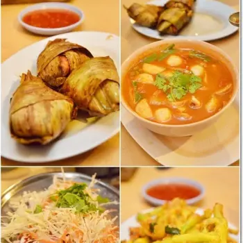 Pandan Chicken, Tom Yum Seafood, Deep Fried Kangkung (Water Convolvulus) and Steamed Squid in Spicy Lemon Broth