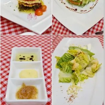 Carpaccio Dimanzo Alla Moda (Beef Carpaccio) (RM20/USD7), Avocado Tower Timbale (specials, not on menu) Instala Mista Della Casa – Classic Caesar Salad (RM18/USD6) & condiments for the breads