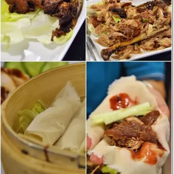 Crispy Aromatic Duck, Deep Fried Duck Drumstick And Stalks Of Cucumber Resting On A Bed Of Sweetish, Hoi Sin Sauce