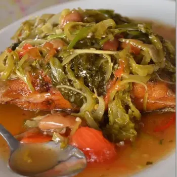 Fried Black Pomfret braised in Gravy with Tomatoes, Preserved Plum and Salted Vegetables