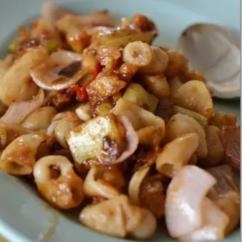 Stir-fried Fish Intestine (yes, FISH) with Lard fritters, Dried Shrimps, Onion, Celery, Garlic and Chillies
