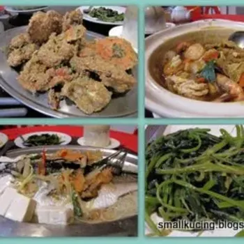 Salted Egg Crabs, Claypot Taufu, Bihun Steamed Fish, Sweet Potatoes Leave