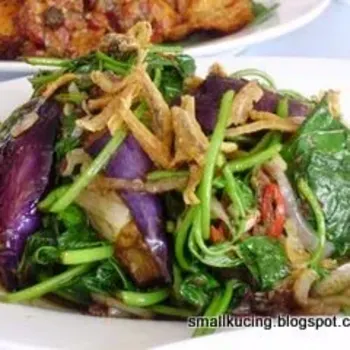 Fried Ubi Kayu Leafs and Brinjal with Ikan Bilis