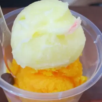 Mango and lemon ice cream that seem alove with real fruit