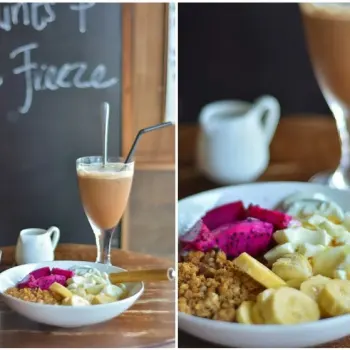 Healthy Breakfast: Granola , Dragon Fruit, Banana and homemade yogurt drizzled with honey. Comes with a tiny glass of milk