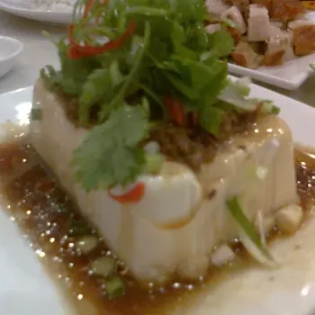 Bean Curd with confit of shallots and garnished with spring onion and coriander